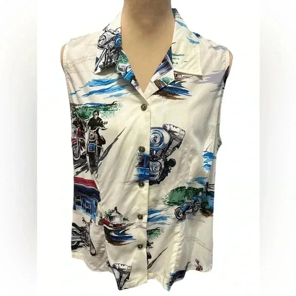 Vintage Harley-Davidson Tori Richard Hawaiian Print Button Up Top Women's Sz XL - Picture 1 of 10